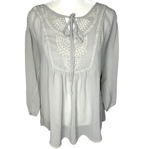 Daniel Rainn Anthro Gray Boho Flowy Embroidered Sheer Blouse Women's Small